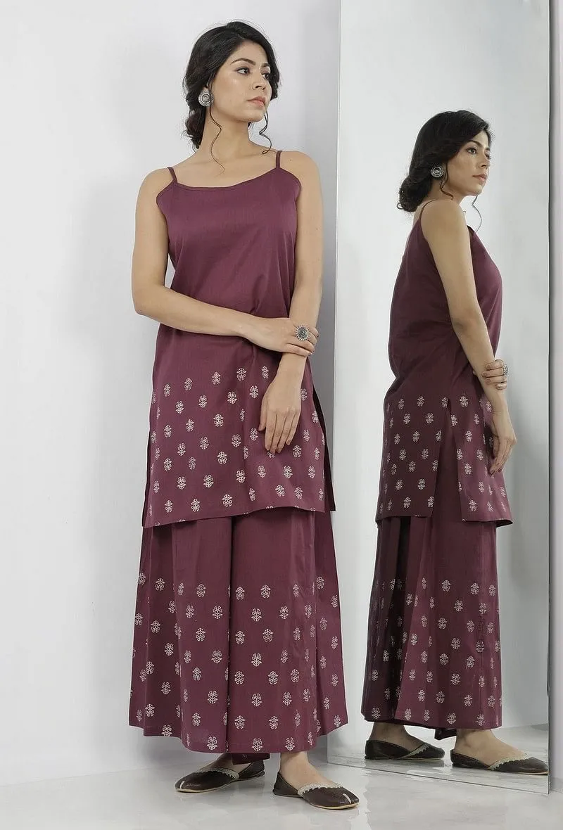 Set of 2: Iya Purple Buti Hand-Block Printed Cotton Slip with Buti Hand-Block Printed Cotton Palazzo