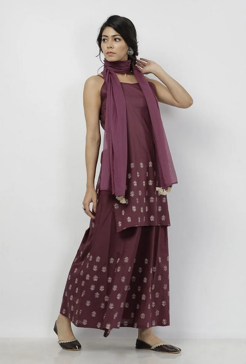 Set of 3: Iya Purple Hand-Block Printed Cotton Slip with Hand-Block Printed Cotton Palazzo and Plain Purple Kota Dupatta