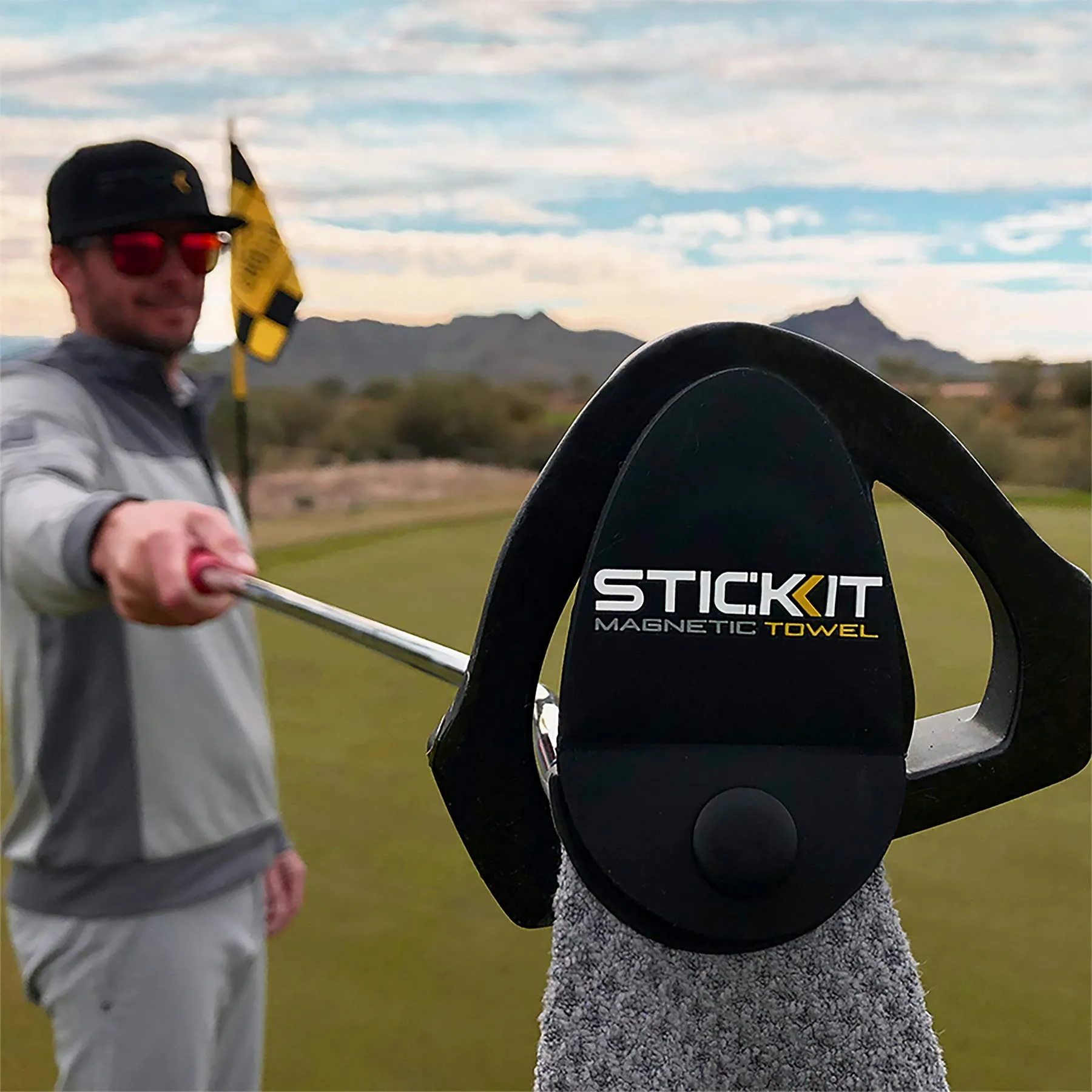 STICKIT Magnetic Towel, Gray | Top-Tier Microfiber Golf Towel with Deep Waffle Pockets | Industrial Strength Magnet for Strong Hold to Golf Carts or Clubs