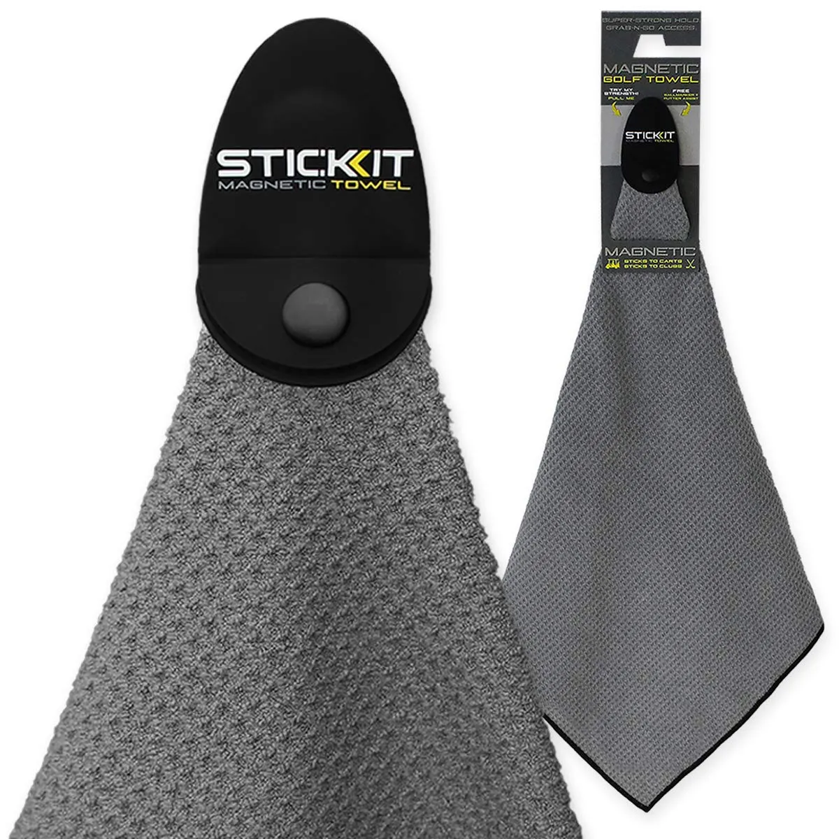 STICKIT Magnetic Towel, Gray | Top-Tier Microfiber Golf Towel with Deep Waffle Pockets | Industrial Strength Magnet for Strong Hold to Golf Carts or Clubs