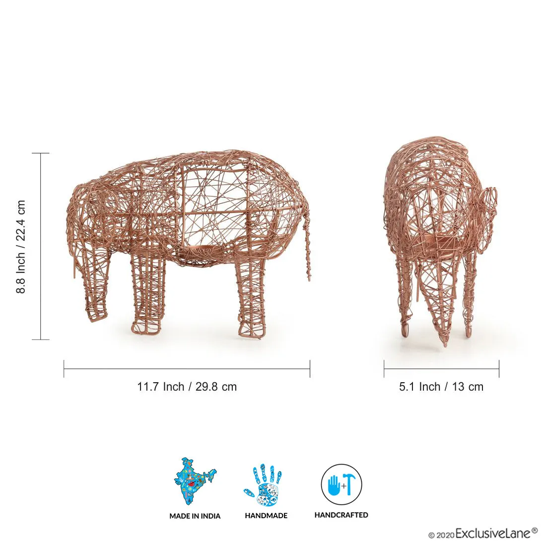 The Elephant Mesh' Handwoven Showpiece & Table Tea-Light Holder In Iron (22.9 cm | Copper Finish)