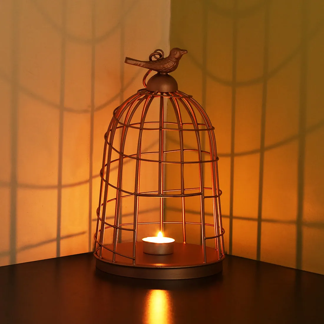 The Gleaming Bird' Handwired Hanging & Table Tea-Light Holder In Iron (27.9 cm | Copper Finish)