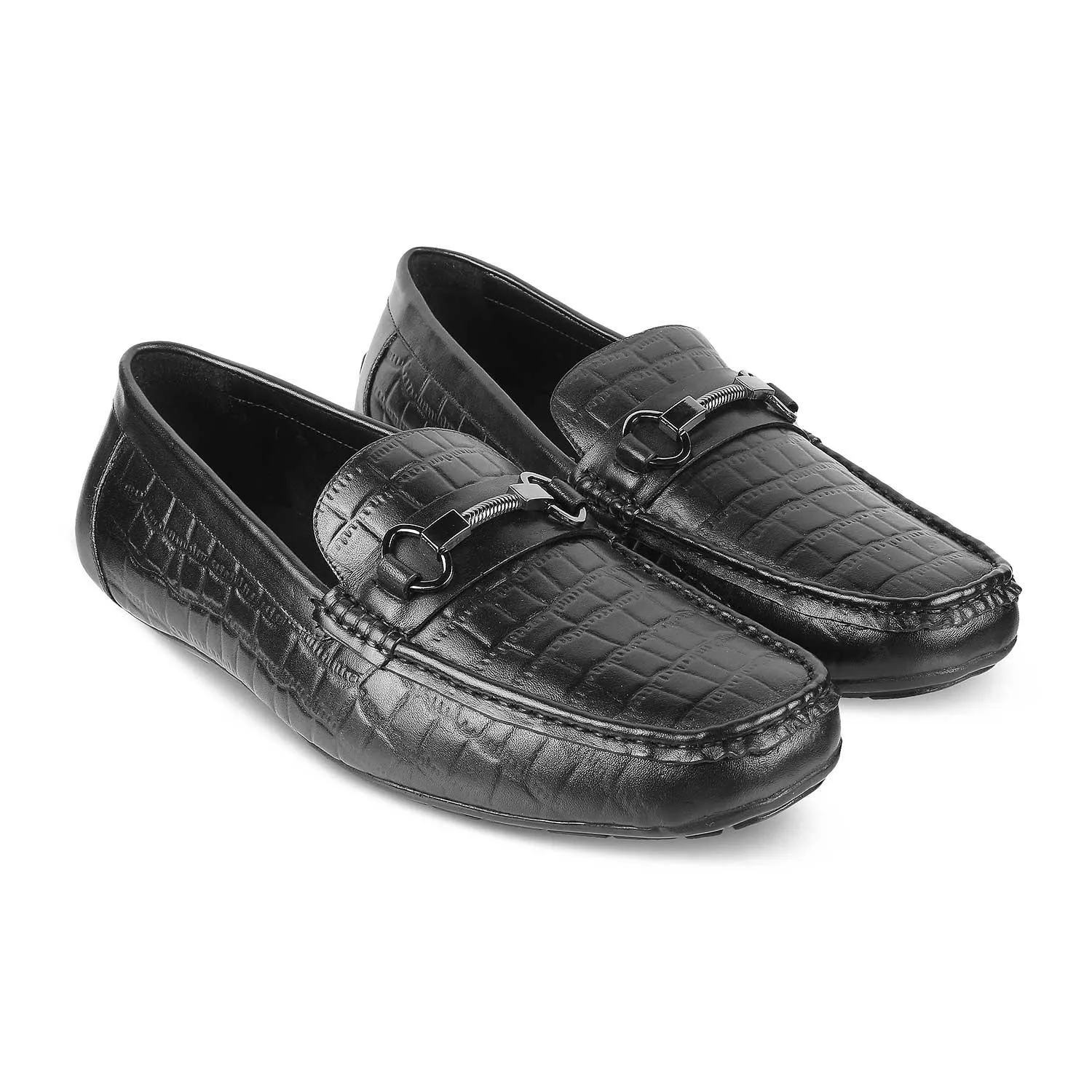 The Miluck Black Men's Textured Leather Driving Loafers Tresmode