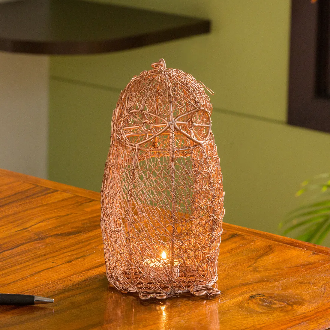 The Spectacled Owl Mesh' Handwoven Showpiece Cum Hanging & Table Tea-Light Holder In Iron (22.9 cm | Copper Finish)