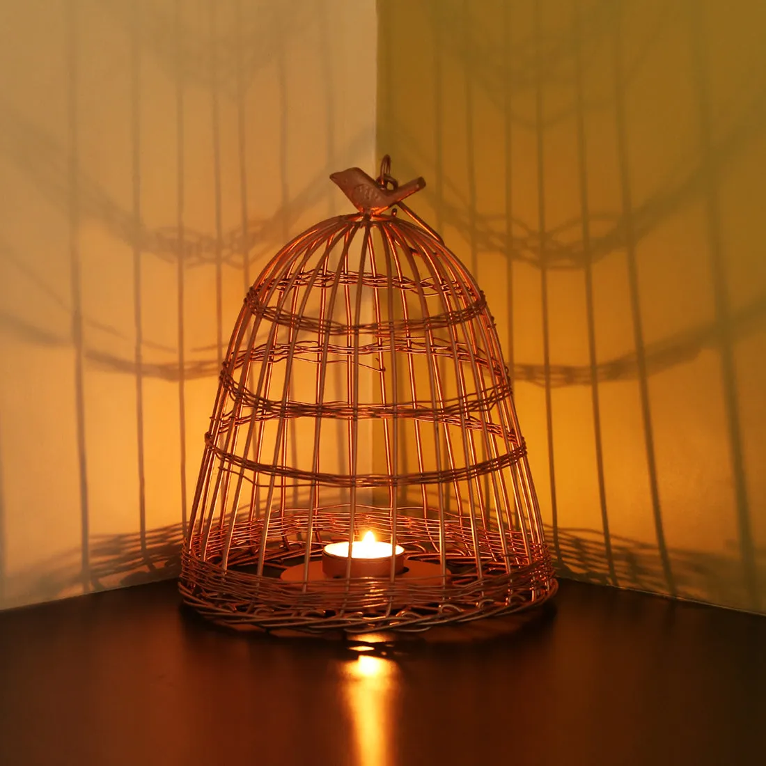 The Wired Conicals' Handwired Hanging & Table Tea-Light Holder In Iron (22.9 cm | Copper Finish)