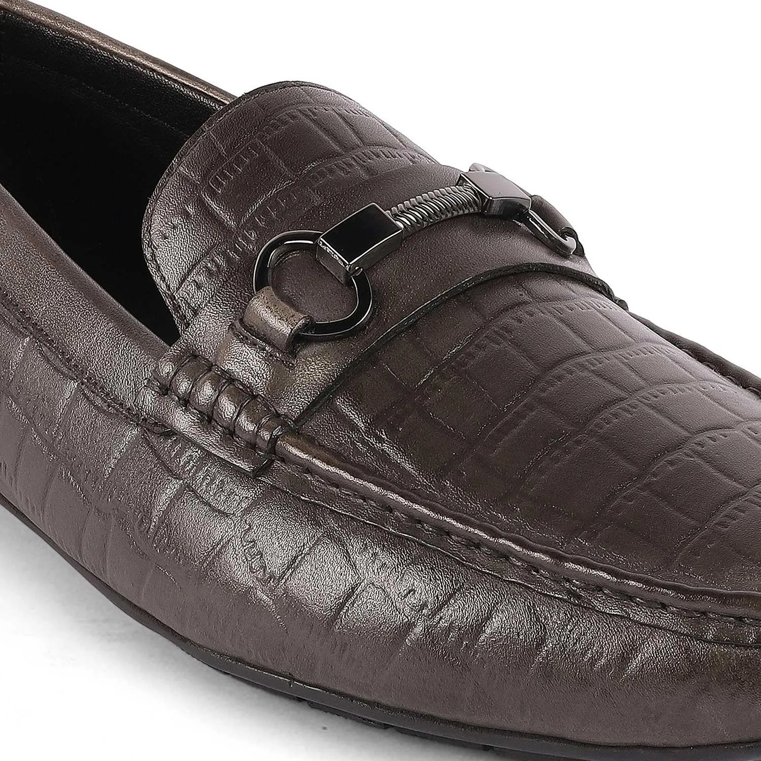 Tresmode Miluck Grey Men's Textured Leather Driving Loafers