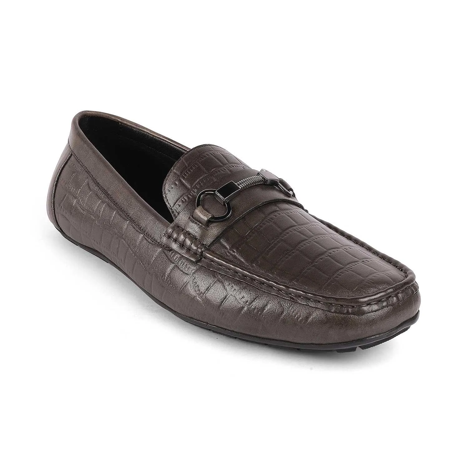 Tresmode Miluck Grey Men's Textured Leather Driving Loafers