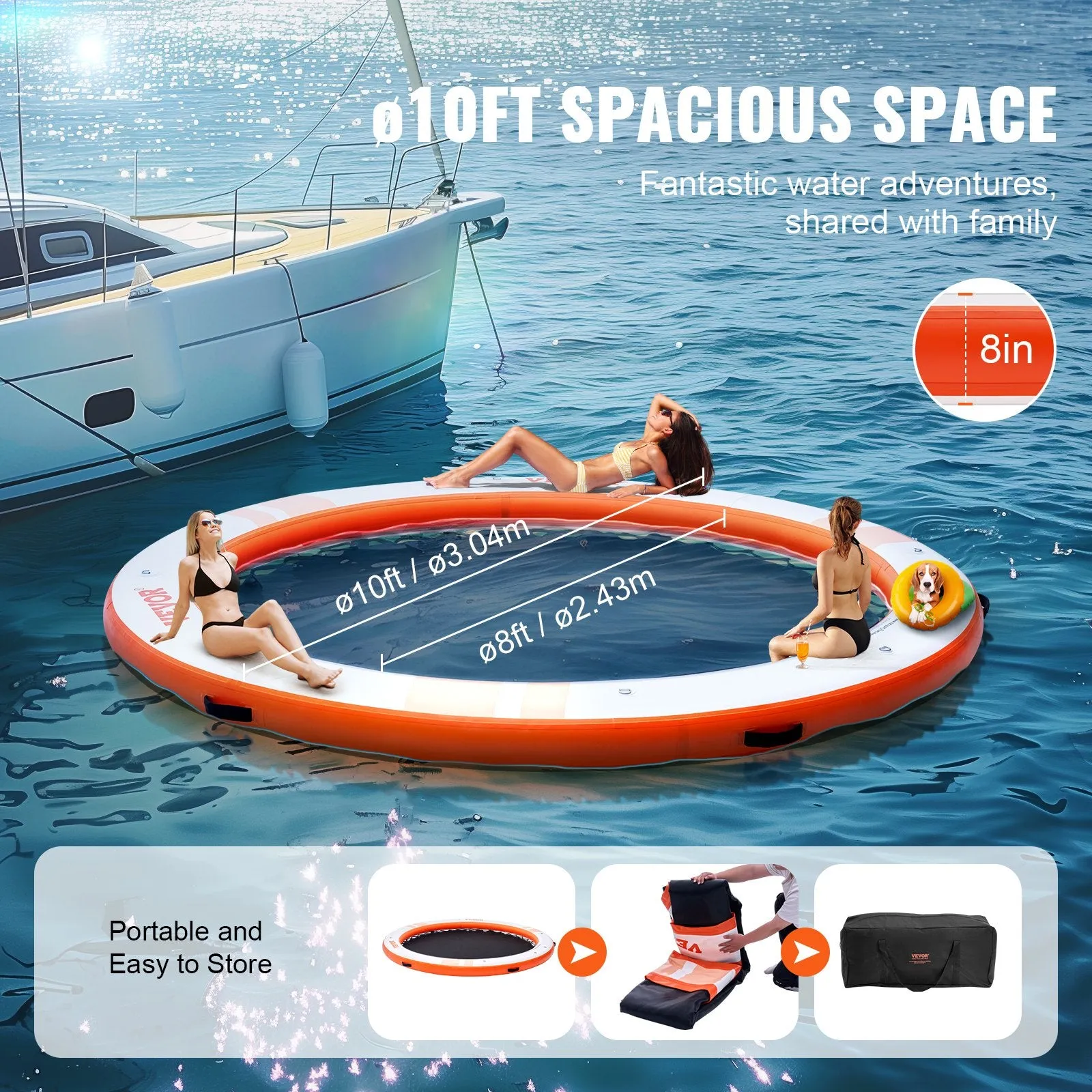 Vevor Inflatable Floating Dock 10' Dia. Non-Slip Platform with 8' Trampoline Mesh Pool and Detachable Ladder New