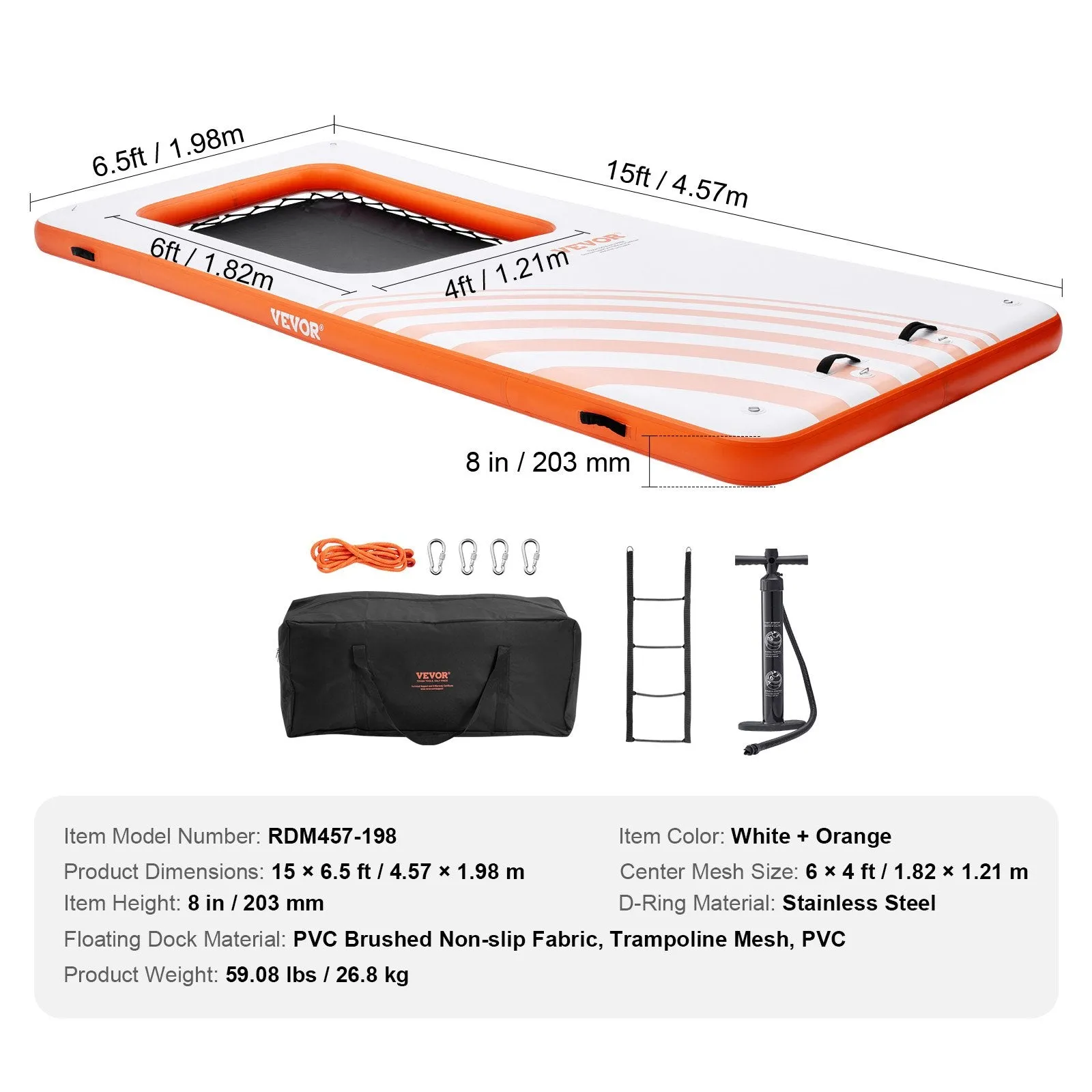 Vevor Inflatable Floating Dock 15' x 6.5' Non-Slip Platform with 4' x 6' Trampoline Mesh Pool and Detachable Ladder New