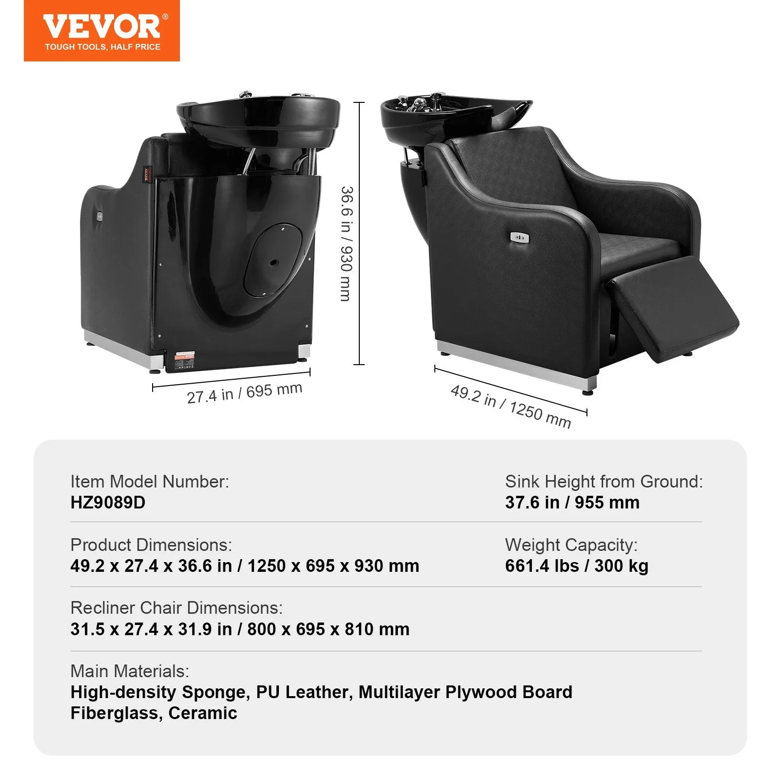 Vevor Shampoo Backwash Chair 661.4 Lbs Capacity Hair Washing Station with Ceramic Bowl and Electric Footrest New