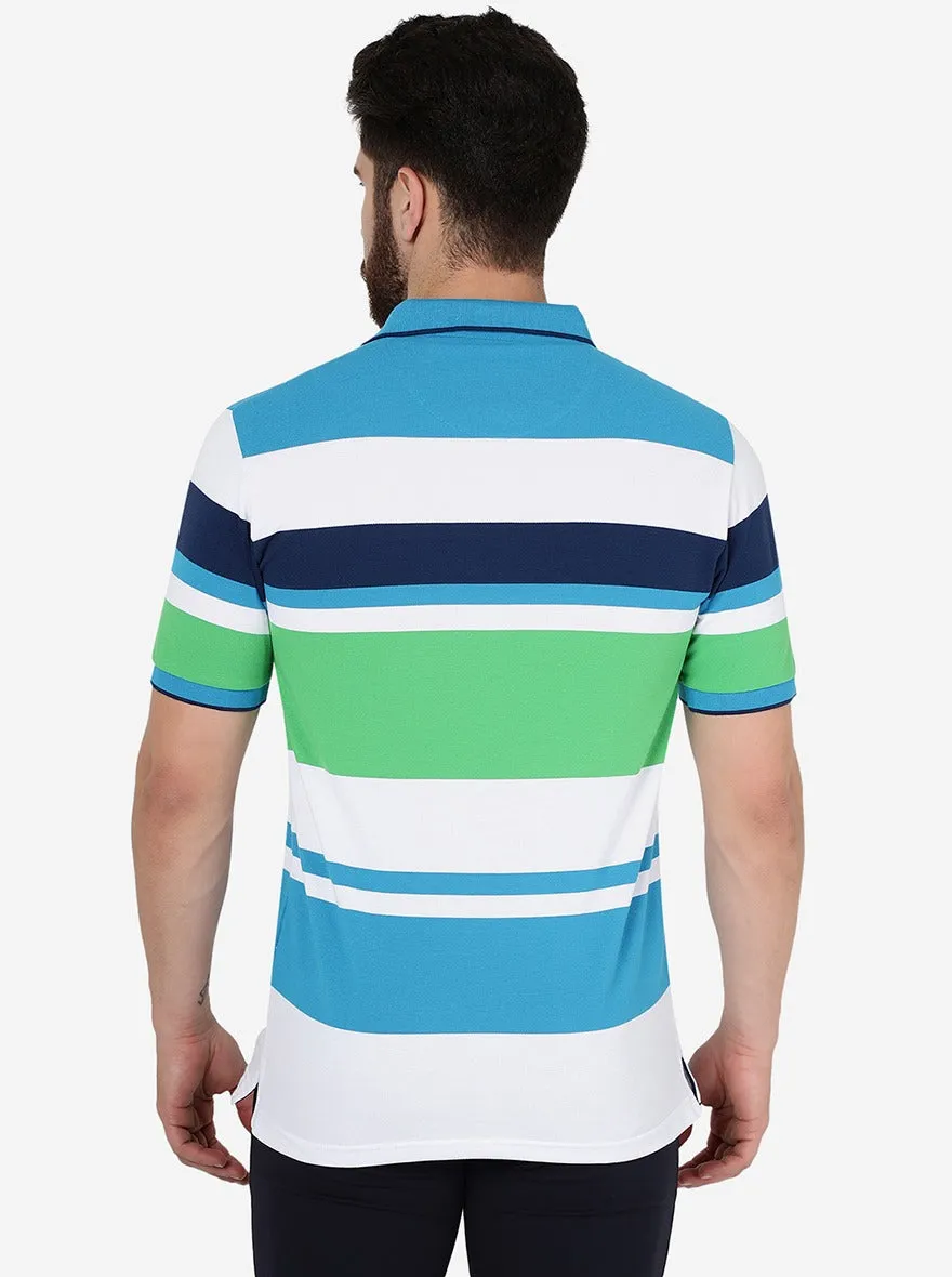 White & Green Striped Slim Fit Polo T-Shirt | JadeBlue