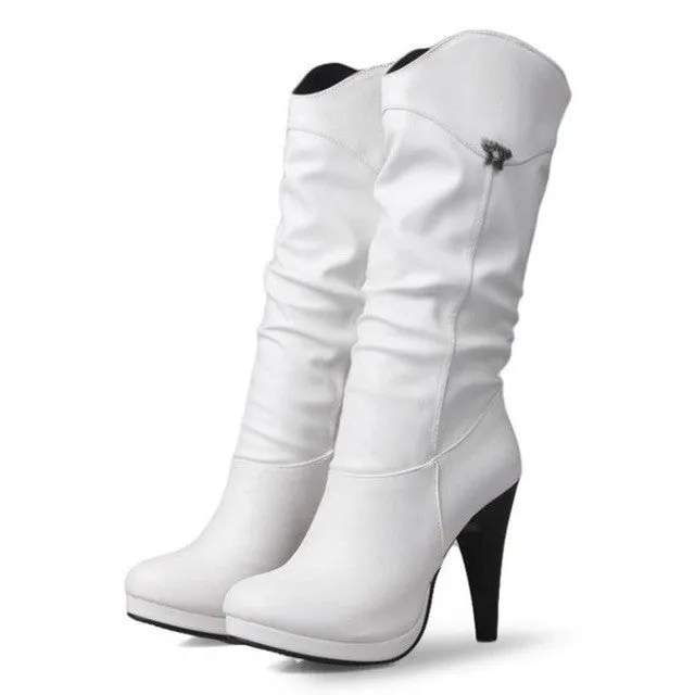 Women Water Proof High Heel Mid Calf Boots