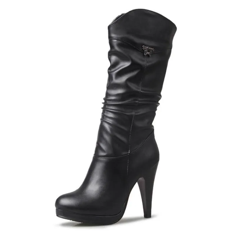 Women Water Proof High Heel Mid Calf Boots