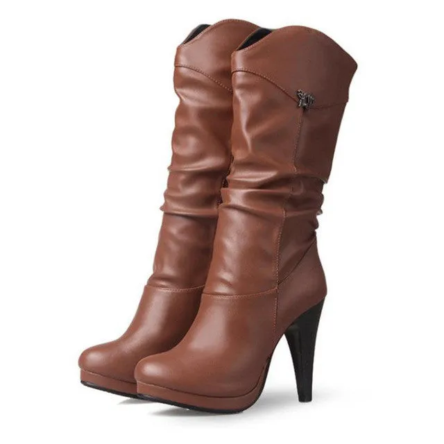 Women Water Proof High Heel Mid Calf Boots