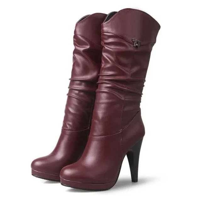 Women Water Proof High Heel Mid Calf Boots