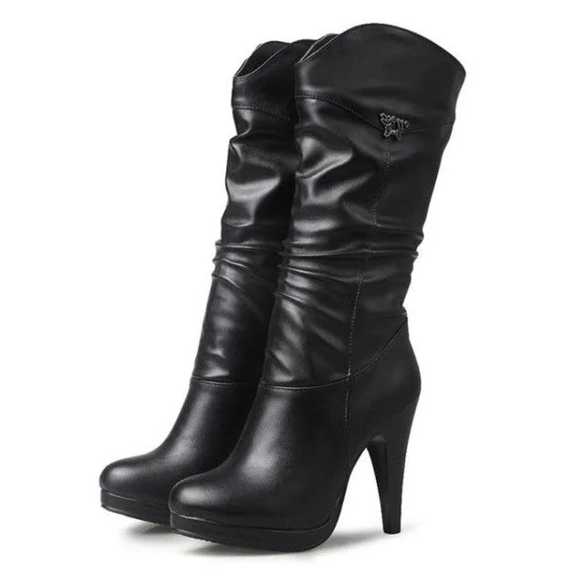 Women Water Proof High Heel Mid Calf Boots