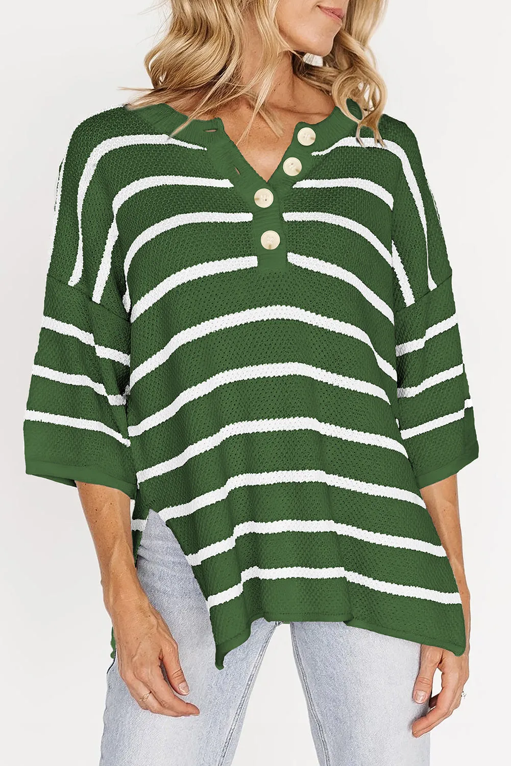 Womens Striped Button Down V Neck Sweaters Tops