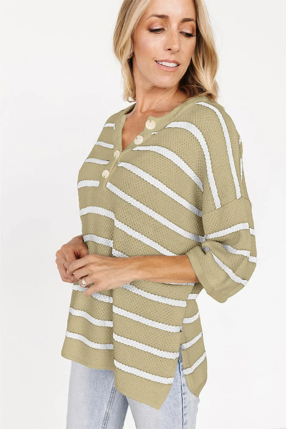 Womens Striped Button Down V Neck Sweaters Tops