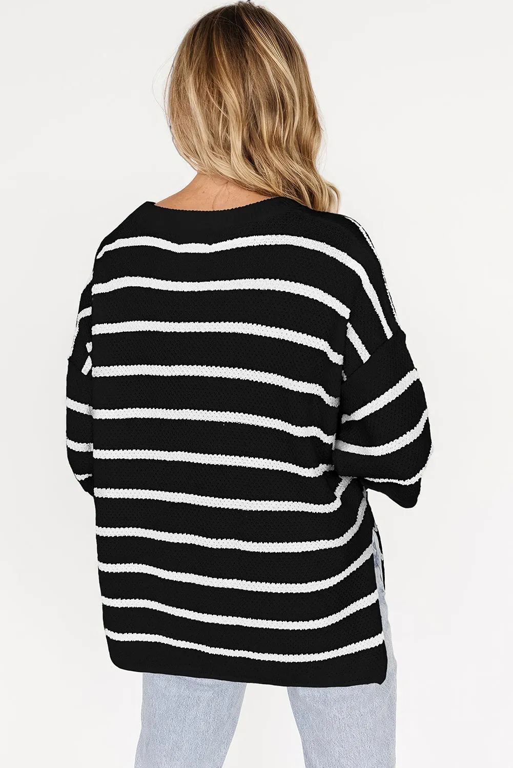 Womens Striped Button Down V Neck Sweaters Tops