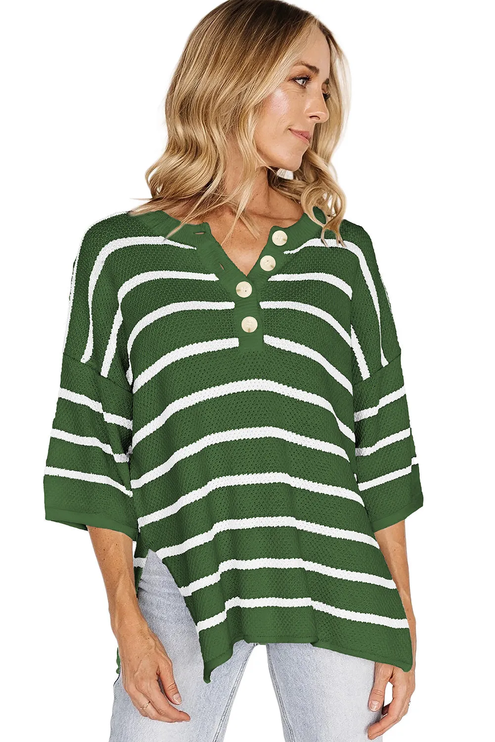 Womens Striped Button Down V Neck Sweaters Tops