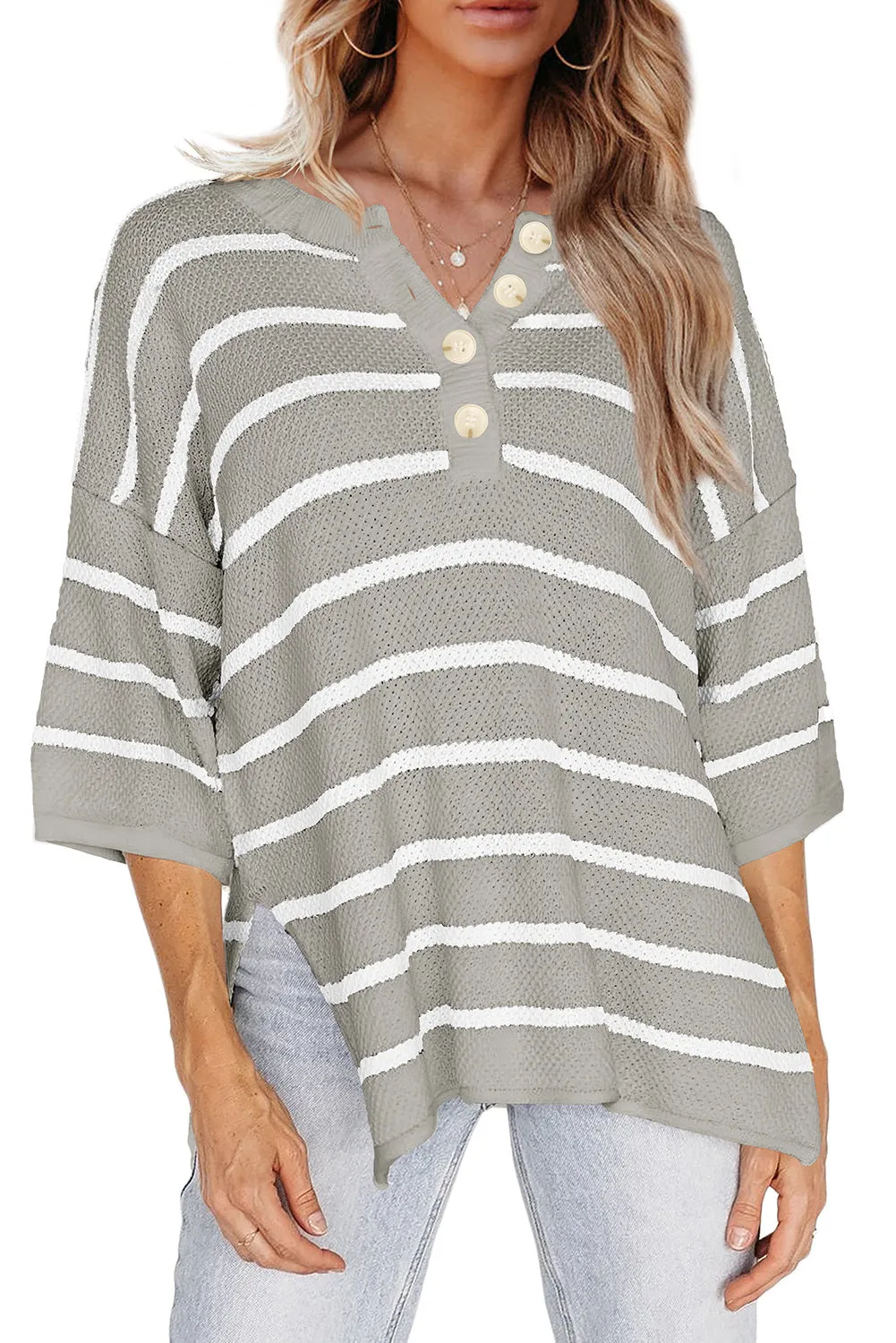 Womens Striped Button Down V Neck Sweaters Tops