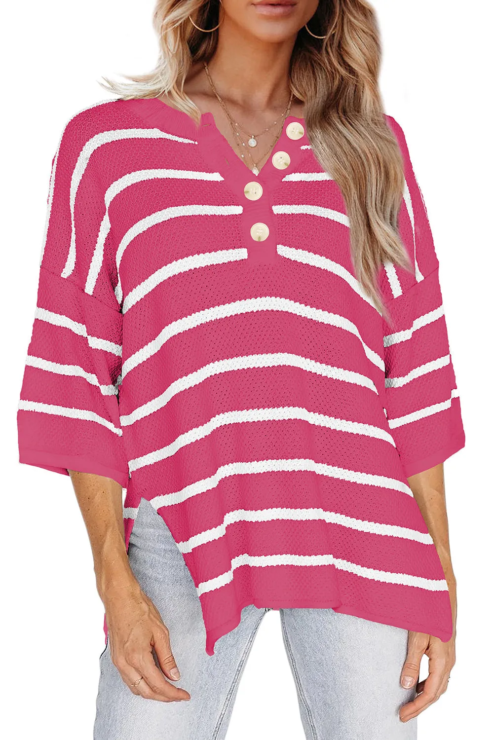 Womens Striped Button Down V Neck Sweaters Tops