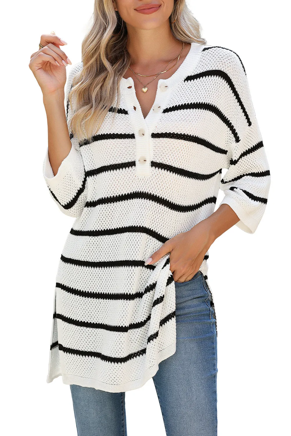 Womens Striped Button Down V Neck Sweaters Tops