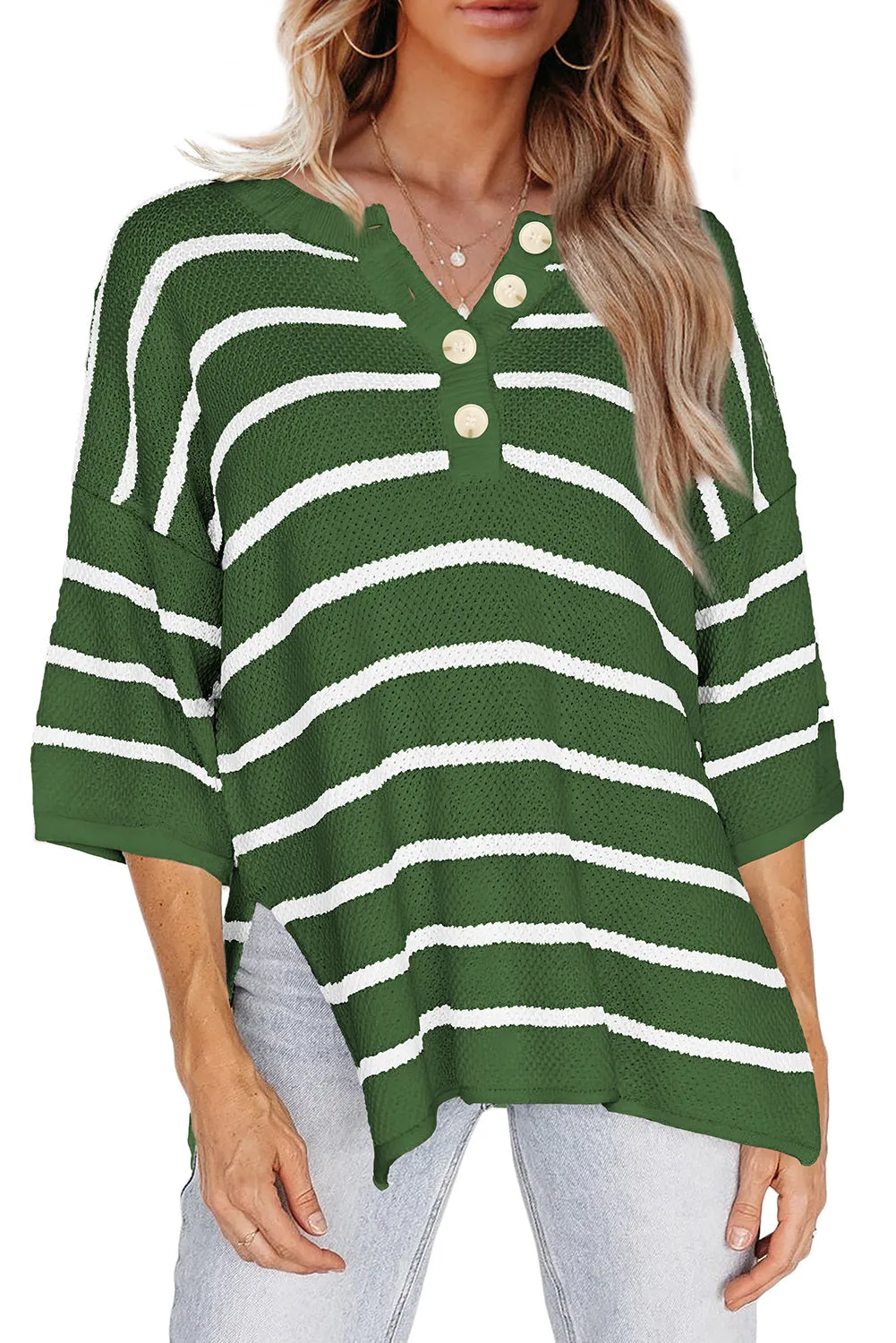 Womens Striped Button Down V Neck Sweaters Tops