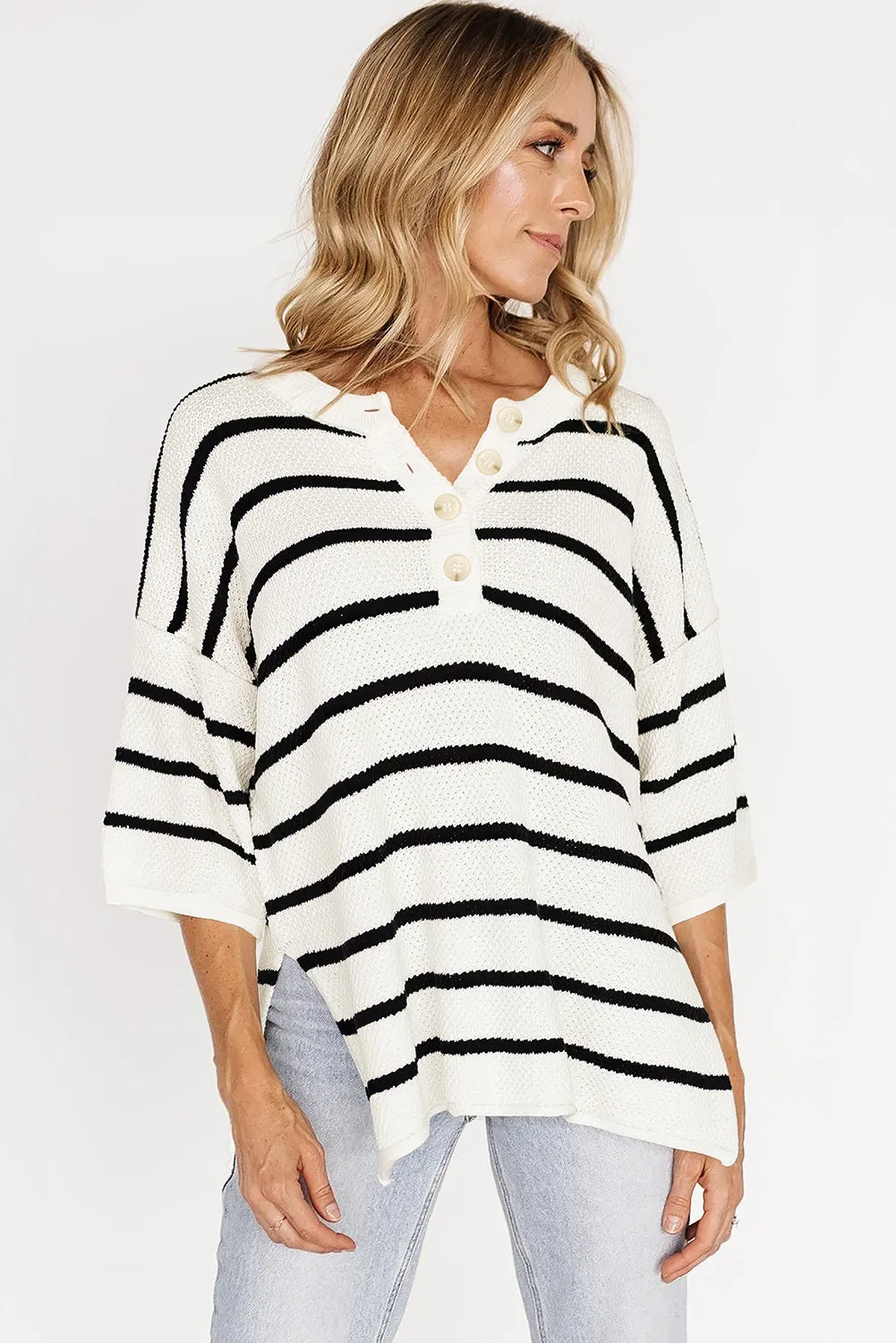 Womens Striped Button Down V Neck Sweaters Tops