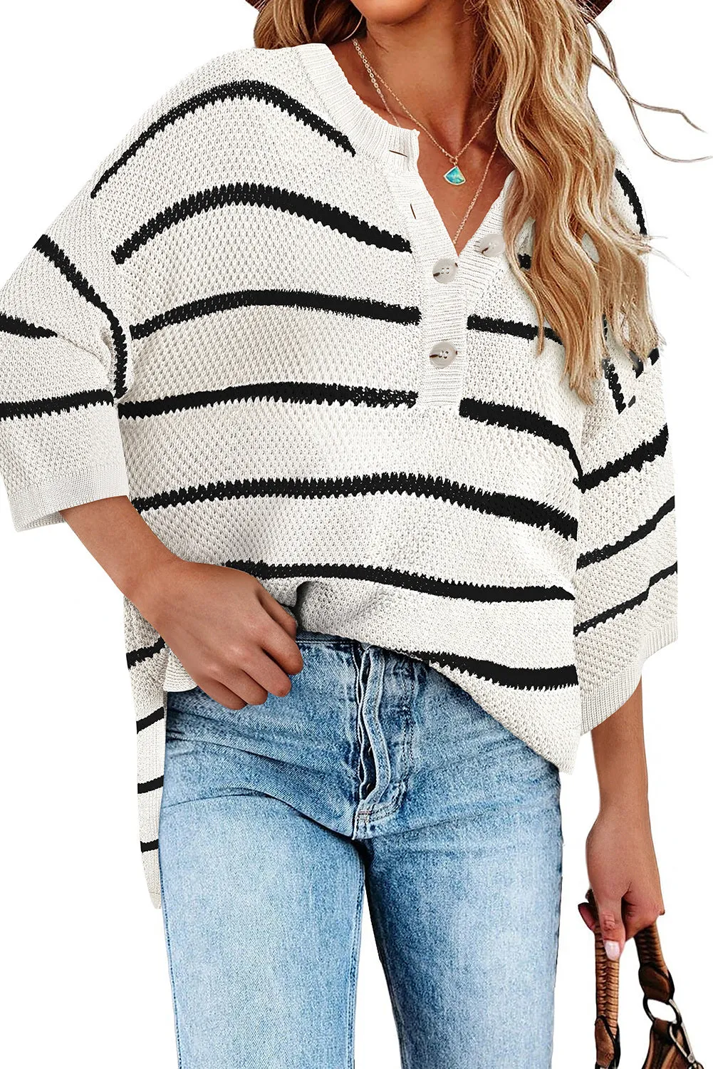 Womens Striped Button Down V Neck Sweaters Tops