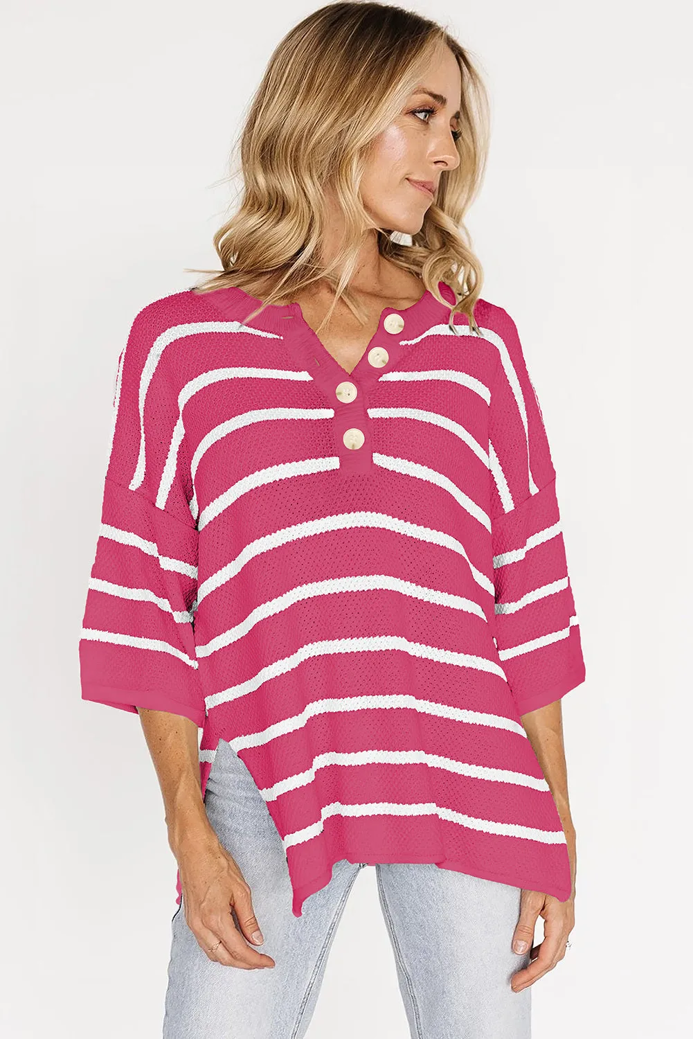 Womens Striped Button Down V Neck Sweaters Tops