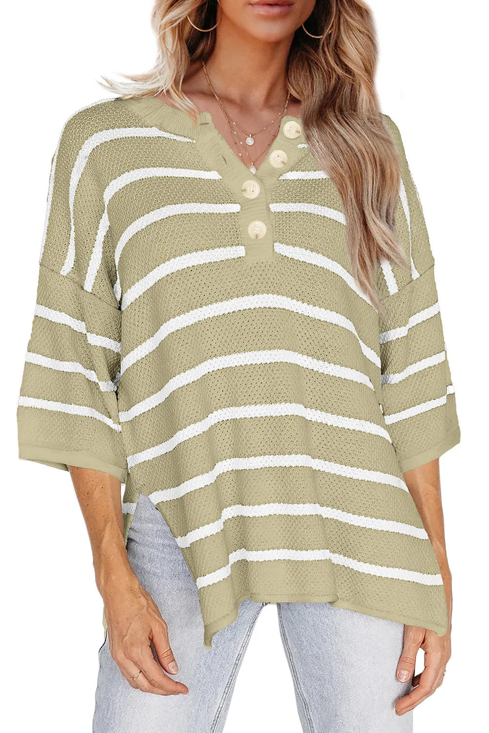 Womens Striped Button Down V Neck Sweaters Tops