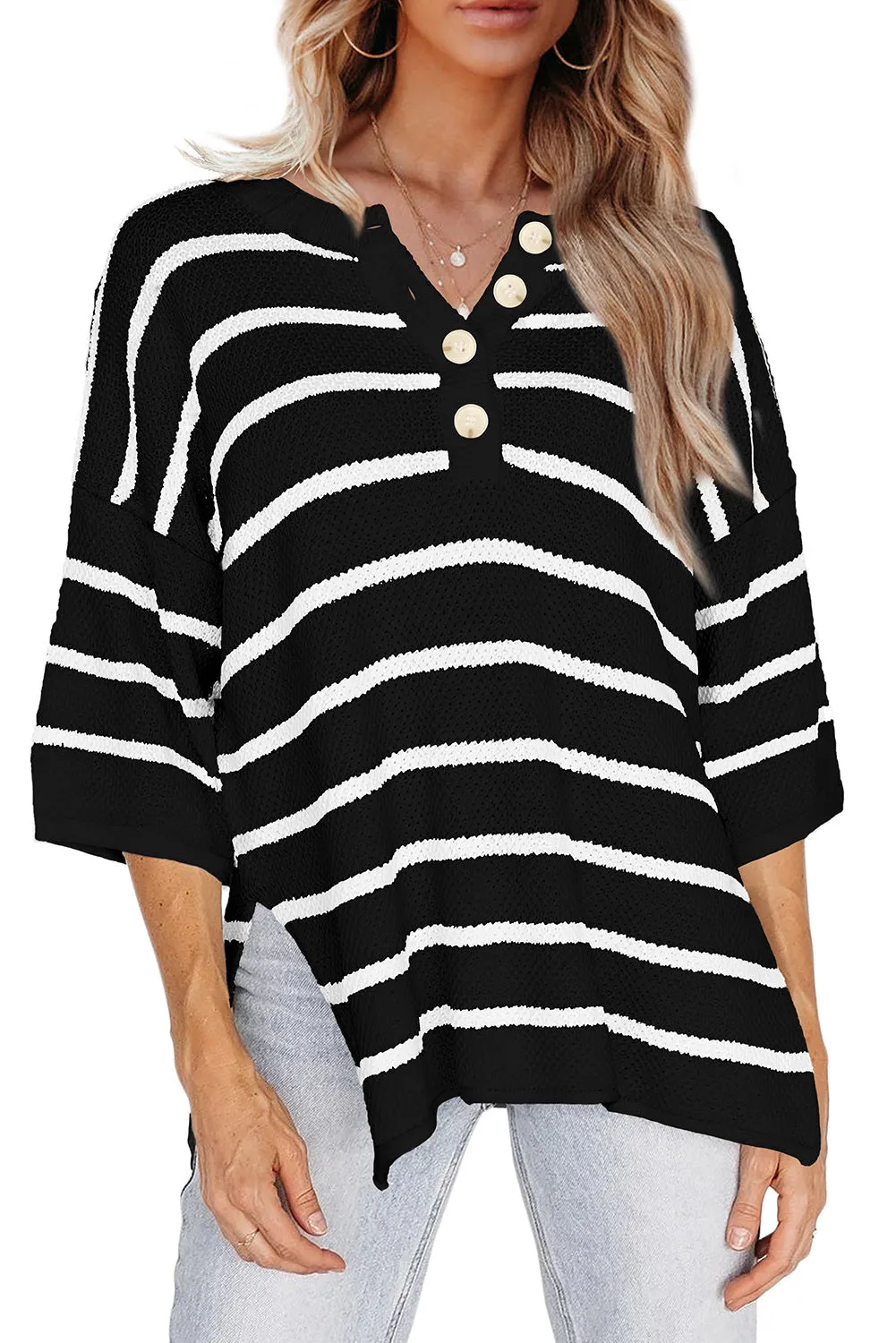 Womens Striped Button Down V Neck Sweaters Tops