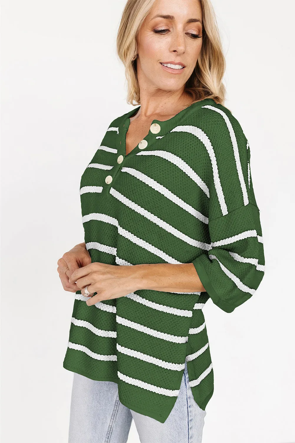 Womens Striped Button Down V Neck Sweaters Tops