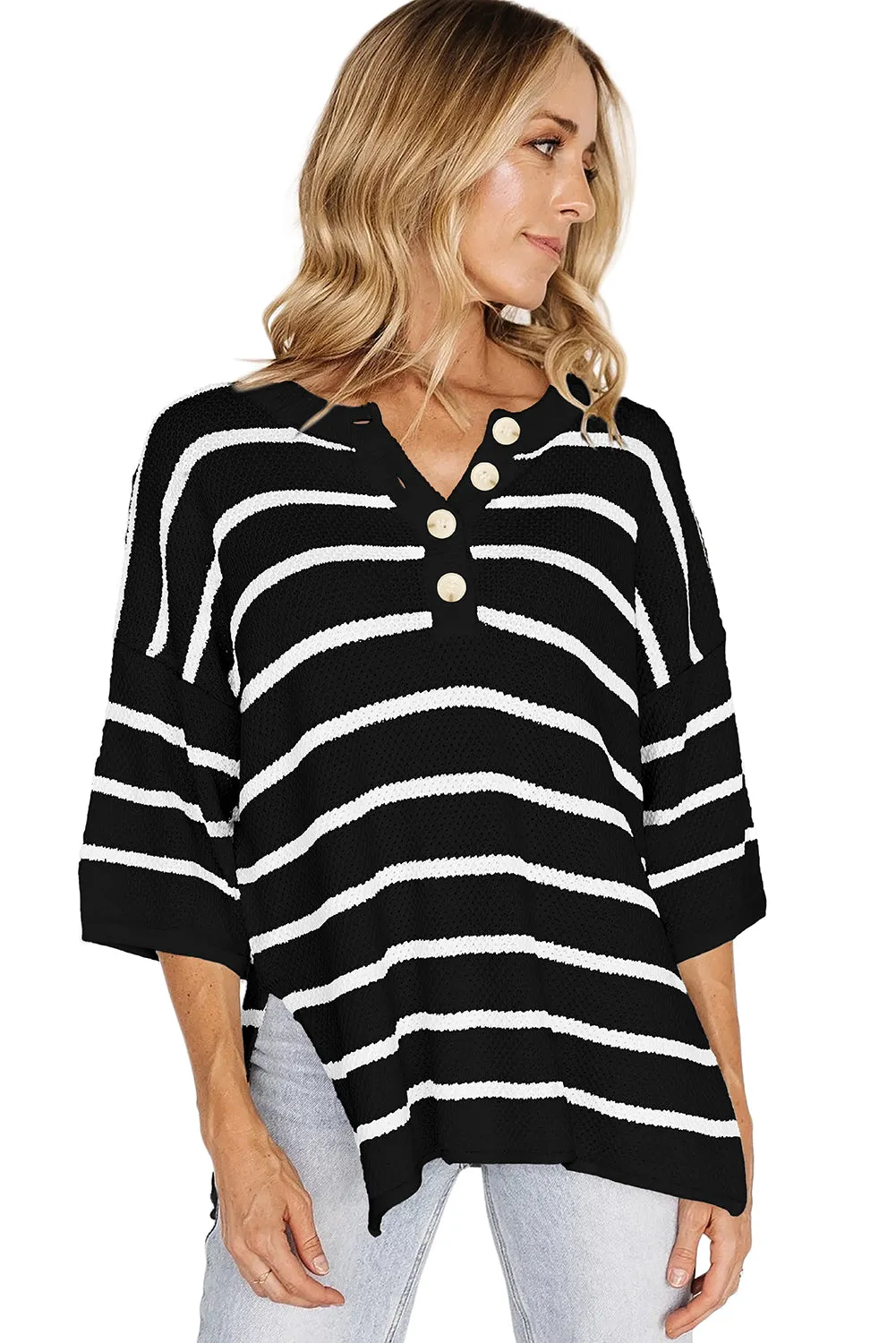 Womens Striped Button Down V Neck Sweaters Tops