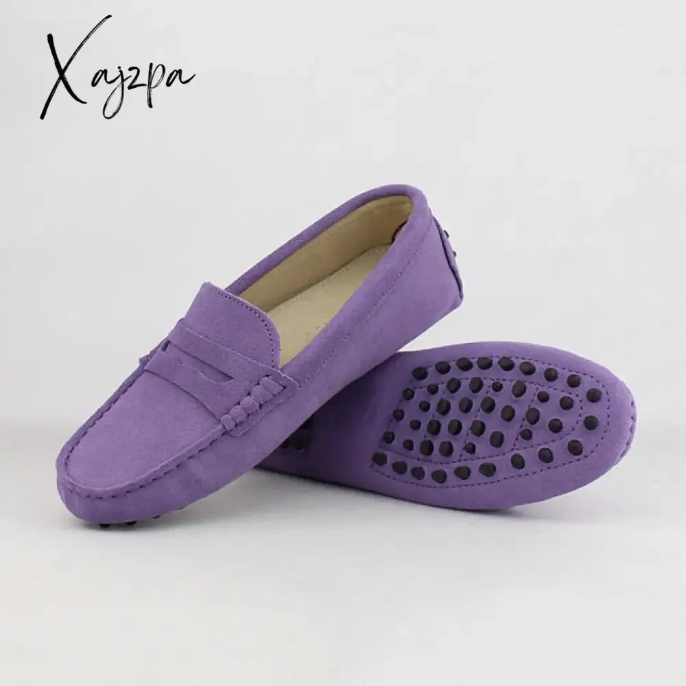 Xajzpa - Shoes Women 100% Genuine Leather Women Flat Shoes Casual Loafers Slip On Women's Flats Shoes Moccasins Lady Driving Shoes