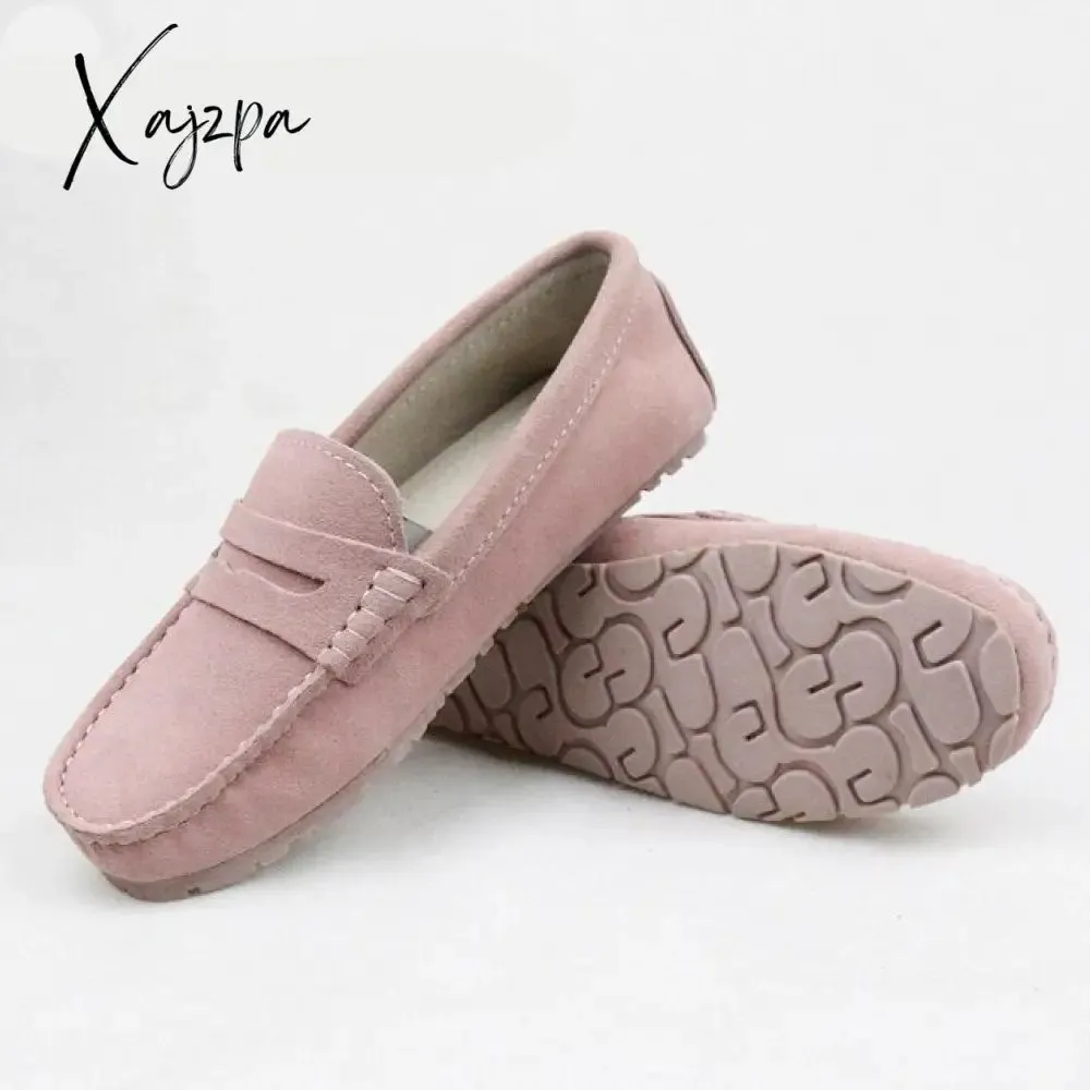 Xajzpa - Shoes Women 100% Genuine Leather Women Flat Shoes Casual Loafers Slip On Women's Flats Shoes Moccasins Lady Driving Shoes