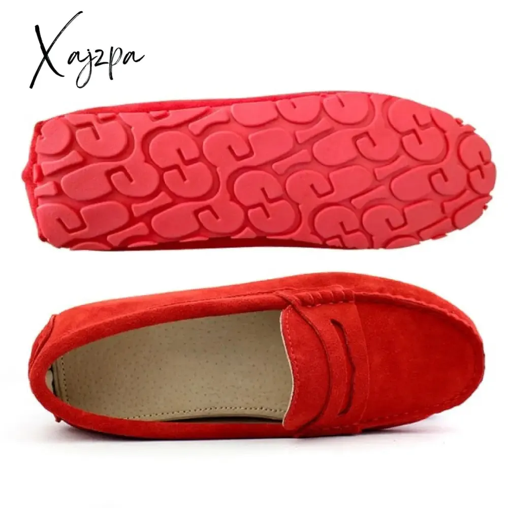 Xajzpa - Shoes Women 100% Genuine Leather Women Flat Shoes Casual Loafers Slip On Women's Flats Shoes Moccasins Lady Driving Shoes