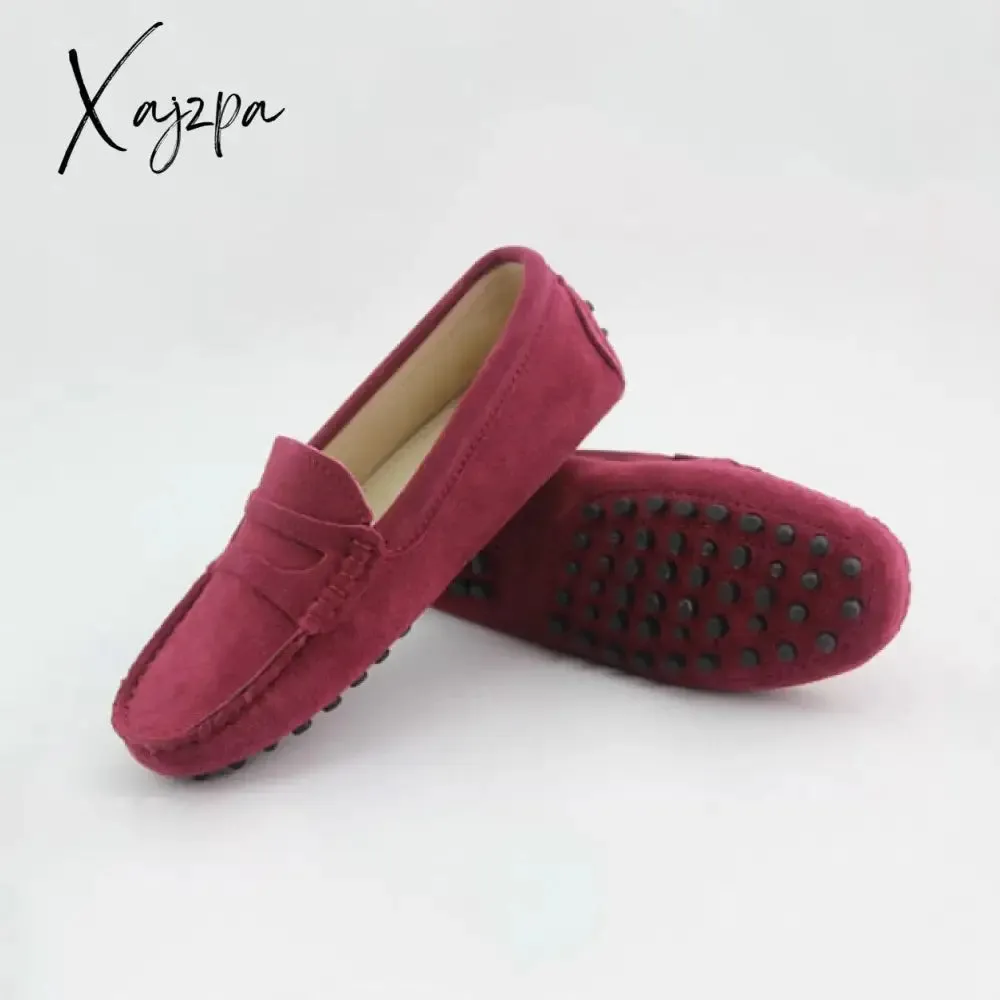 Xajzpa - Shoes Women 100% Genuine Leather Women Flat Shoes Casual Loafers Slip On Women's Flats Shoes Moccasins Lady Driving Shoes