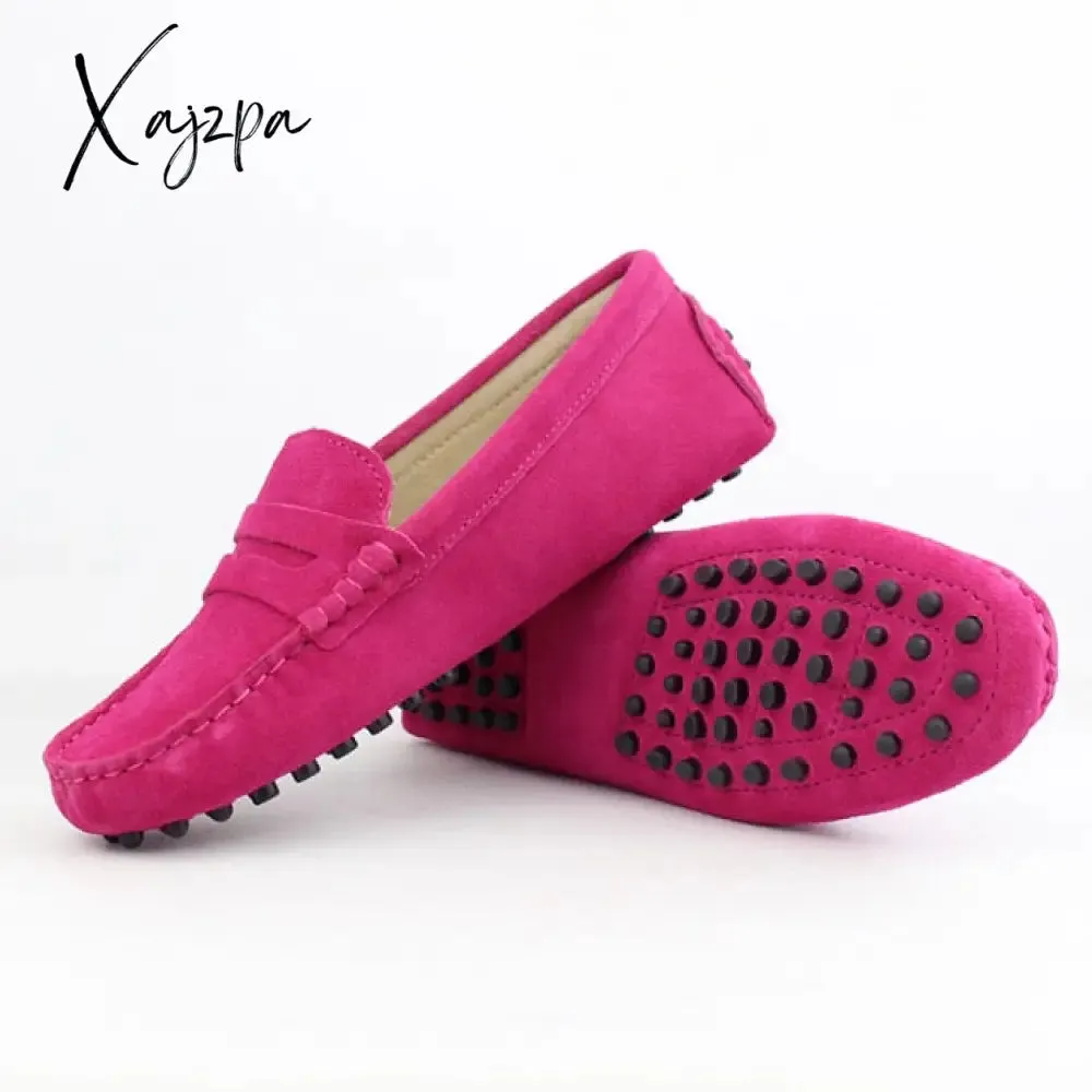 Xajzpa - Shoes Women 100% Genuine Leather Women Flat Shoes Casual Loafers Slip On Women's Flats Shoes Moccasins Lady Driving Shoes